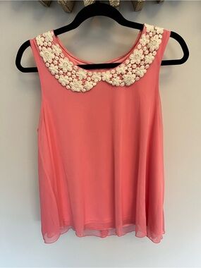 Candies Coral Sleeveless Blouse with Cream Floral Lace Peter Pan Collar